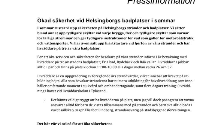 ​Ökad säkerhet vid Helsingborgs badplatser i sommar