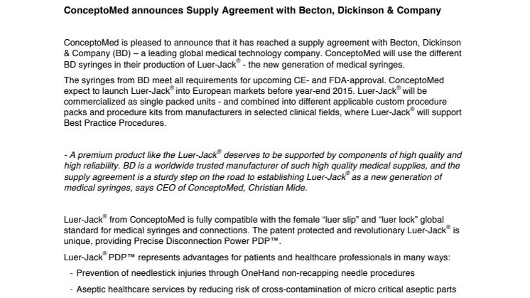 ConceptoMed announces Supply Agreement with Becton, Dickinson & Company