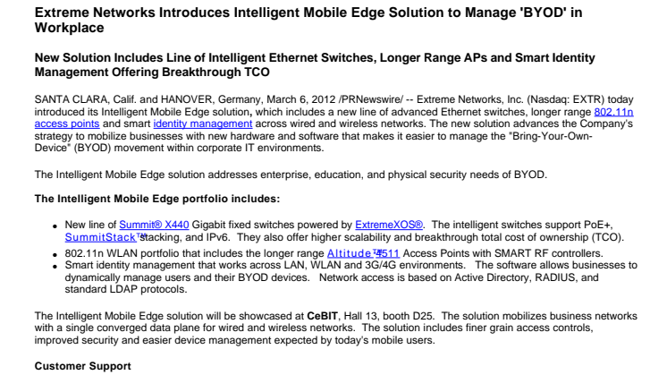 Extreme Networks Introduces Intelligent Mobile Edge Solution to Manage 'BYOD' in Workplace