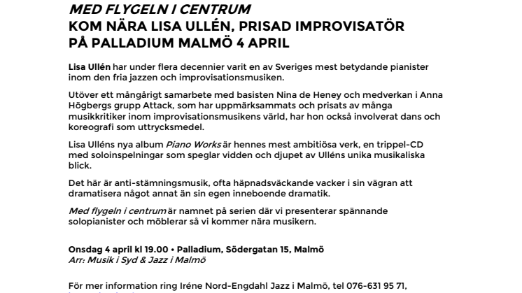 Med flygeln i centrum – Kom nära Lisa Ullén, prisad improvisatör, på Palladium Malmö 4 april