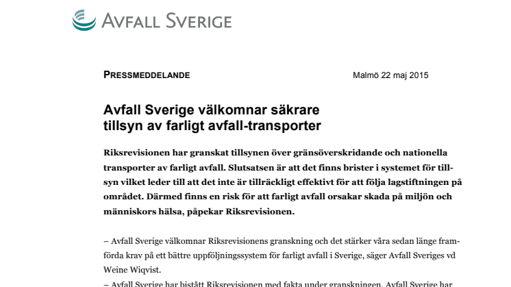 Avfall Sverige välkomnar säkrare tillsyn av farligt avfall-transporter