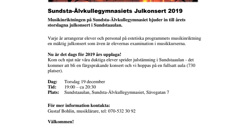 Pressinbjudan: Stor julkonsert på Sundsta-Älvkullegymnasiet