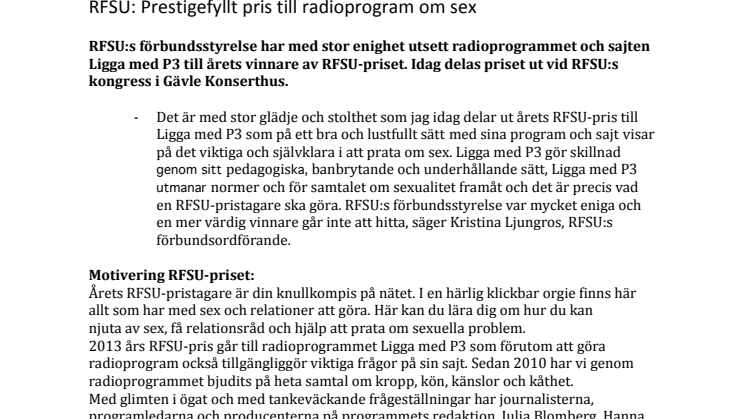 RFSU: Prestigefyllt pris till radioprogram om sex
