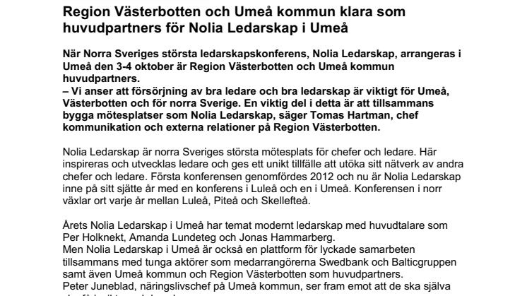 Region Västerbotten och Umeå kommun klara som huvudpartners för Nolia Ledarskap i Umeå