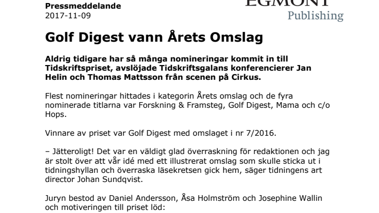 Pressmeddelande Golf Digest Årets Omslag 1711109