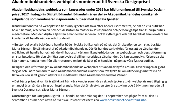 Akademibokhandelns webbplats nominerad till Svenska Designpriset 