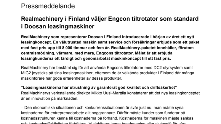 RealMachinery i Finland väljer Engcon tiltrotator som standard i Doosan leasingmaskiner