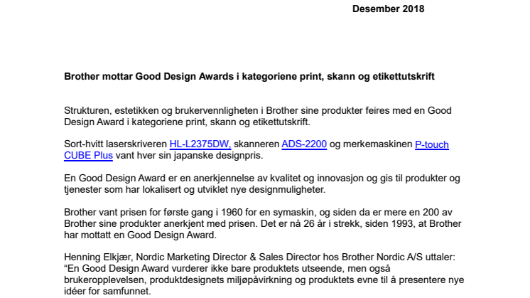 Brother mottar Good Design Awards i kategorierne print, skann og etikettutskrift