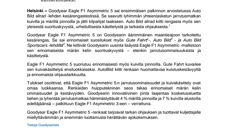 Uusi Goodyear Eagle F1 Asymmetric 5 ylsi esimerkilliseen suorituskykyyn ensimmäisissä kesärengastesteissään