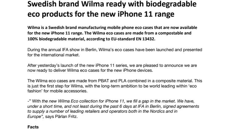 Swedish brand Wilma ready with biodegradable eco products for the new iPhone 11 range
