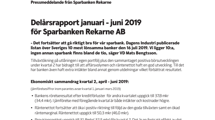 Delårsrapport januari - juni 2019 för Sparbanken Rekarne AB