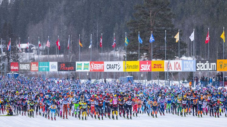 Starten i det 99:e Vasaloppet 2023. Det 100:e Vasaloppet arrangeras söndag 3 mars 2024 och är nu fulltecknat. 