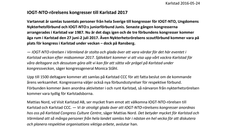 IOGT-NTO-rörelsens kongresser till Karlstad 2017