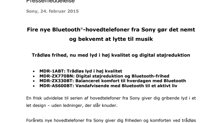 Fire nye Bluetooth®-hovedtelefoner fra Sony_Feb 2015