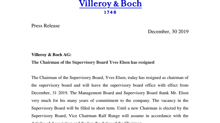 Villeroy & Boch AG:  The Chairman of the Supervisory Board Yves Elsen has resigned