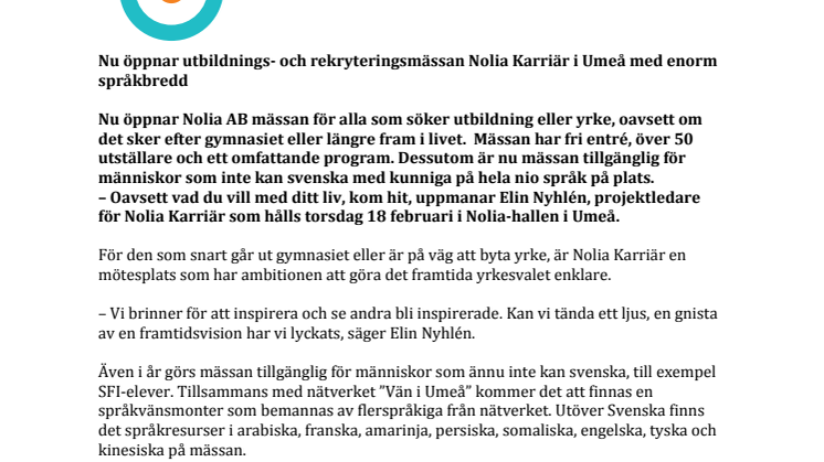 Enorm språkbredd när utbildnings- och rekryteringsmässan Nolia Karriär öppnar i Umeå 