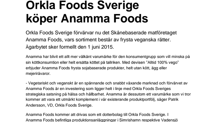 Orkla Foods Sverige köper Anamma Foods
