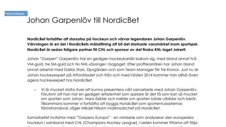 Johan Garpenlöv till NordicBet