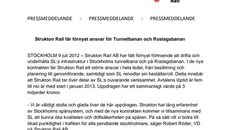 Strukton Rail får ökat ansvar för Tunnelbanan och Roslagsbanan