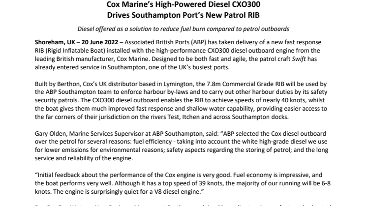 20 June 22 - Cox Marine's High-Powered Diesel CXO300 Drives Southampton Port's New Patrol RIB.pdf