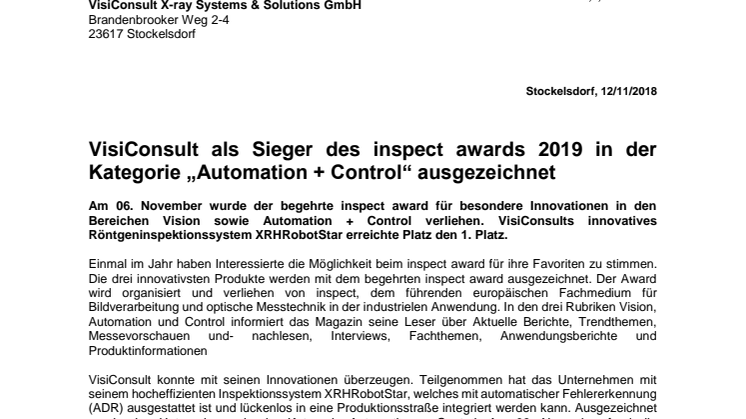 VisiConsult als Sieger des inspect awards 2019 in der Kategorie „Automation + Control“ ausgezeichnet