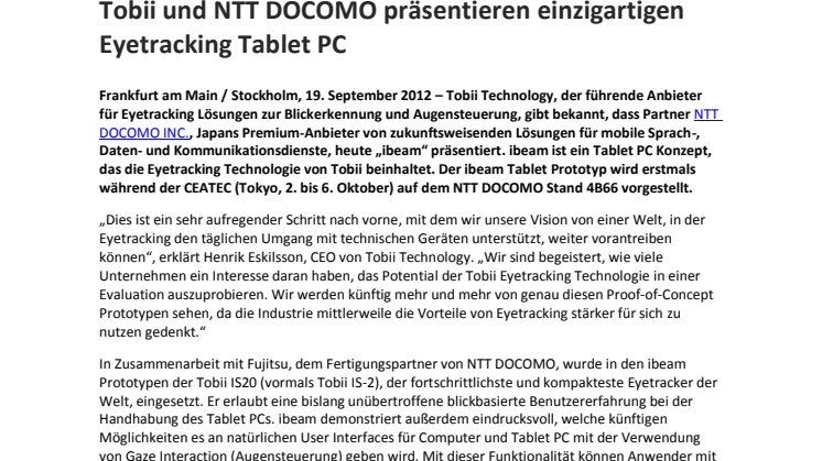 Tobii und NTT DOCOMO präsentieren einzigartigen Eyetracking Tablet PC