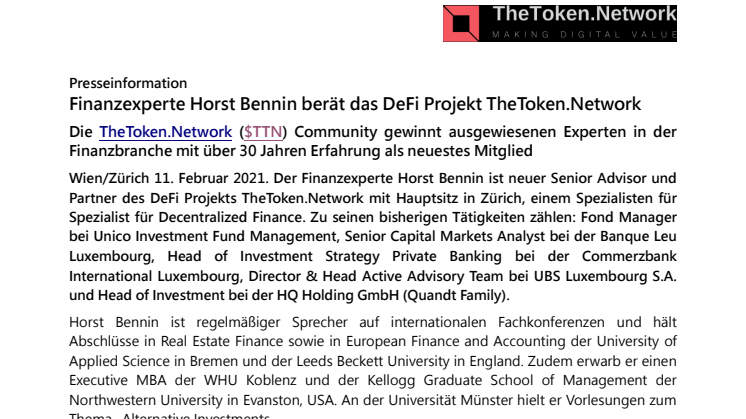Horst Bennin als neuer Berater beim DeFi Projekt TheToken.Network