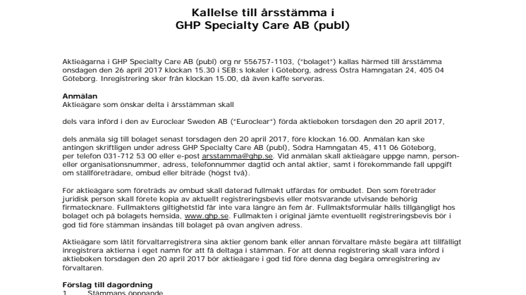 ​Kallelse till årsstämma i GHP Specialty Care AB (publ)