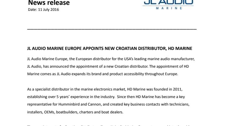 JL Audio Marine Europe:  Appoints New Croatian Distributor, HD Marine    