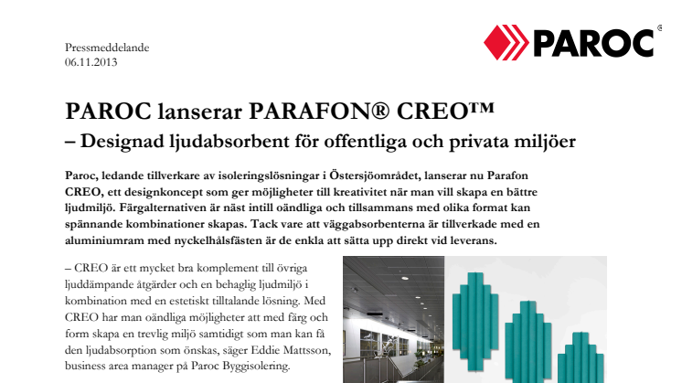 PAROC lanserar PARAFON® CREO™ – Designad ljudabsorbent för offentliga och privata miljöer