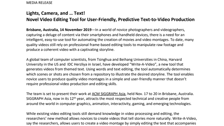 Lights, Camera, and … Text! Novel Video Editing Tool for User-Friendly, Predictive Text-to-Video Production
