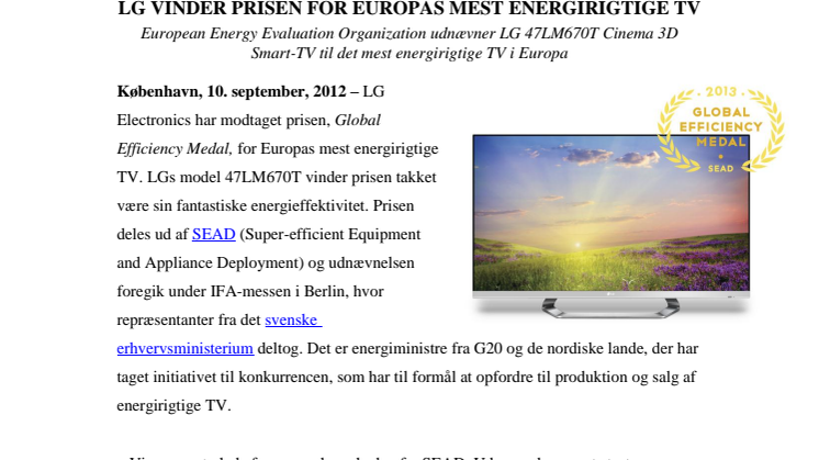 LG VINDER PRISEN FOR EUROPAS MEST ENERGIRIGTIGE TV