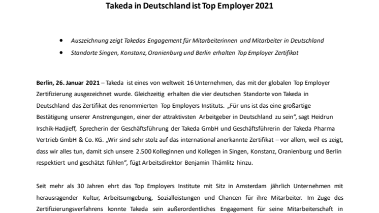 Takeda in Deutschland ist Top Employer 2021 
