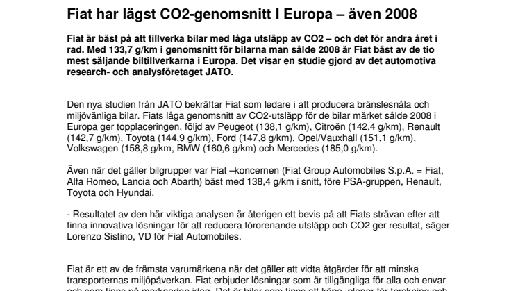 Fiat har lägst CO2-genomsnitt I Europa - även 2008