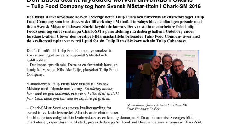   Den bästa starkt kryddade korven tillverkas i Skåne  – Tulip Food Company tog hem Svensk Mästar-titeln i Chark-SM 2016