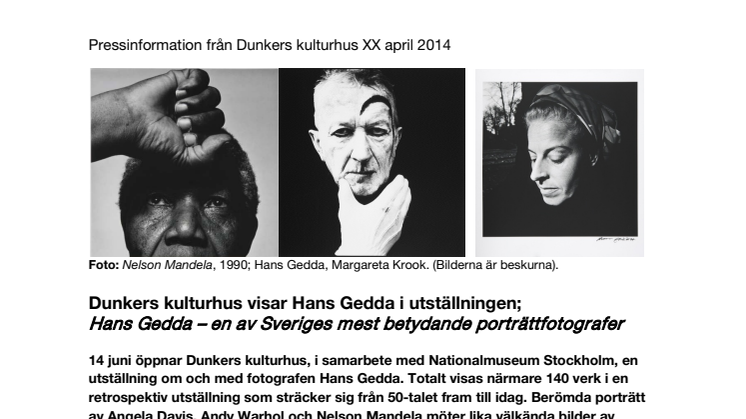 Dunkers kulturhus visar Hans Gedda i utställningen;   Hans Gedda – en av Sveriges mest betydande porträttfotografer