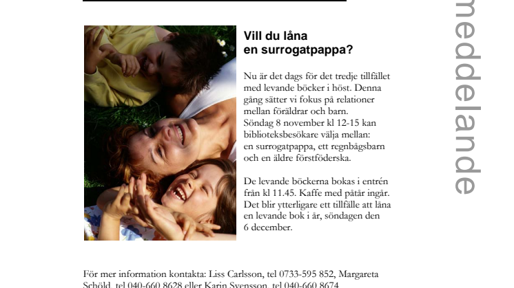 Stadsbiblioteket i Malmö söndag 8 november: Vill du låna en surrogatpappa?