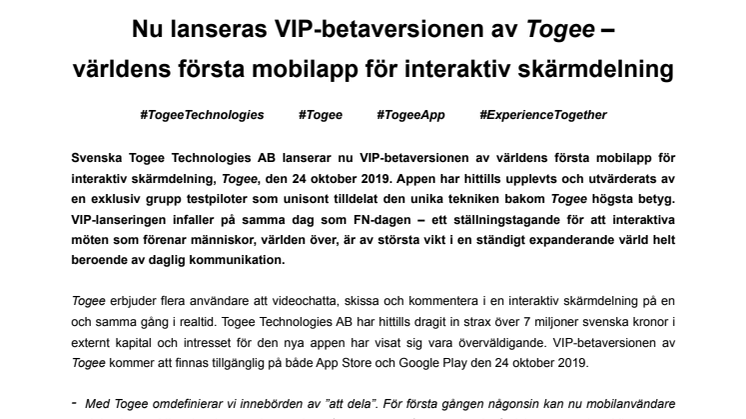 Nu lanseras VIP-betaversionen av Togee – världens första mobilapp för interaktiv skärmdelning