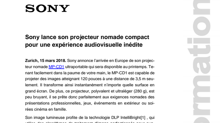 Sony lance son projecteur nomade compact  pour une expérience audiovisuelle inédite