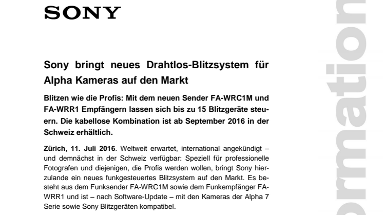 ​Sony bringt neues Drahtlos-Blitzsystem für Alpha Kameras auf den Markt