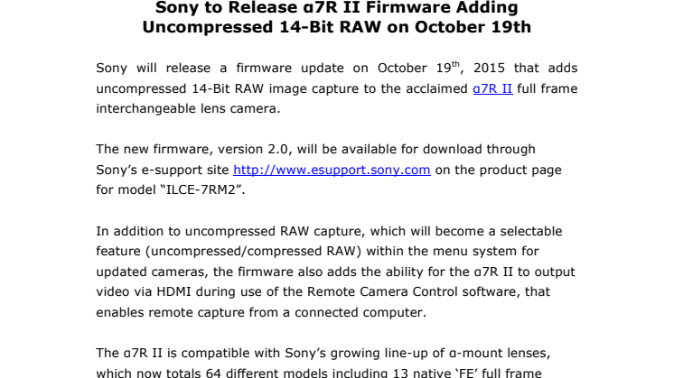 Sony to Release α7R II Firmware Adding Uncompressed 14-Bit RAW on October 19th