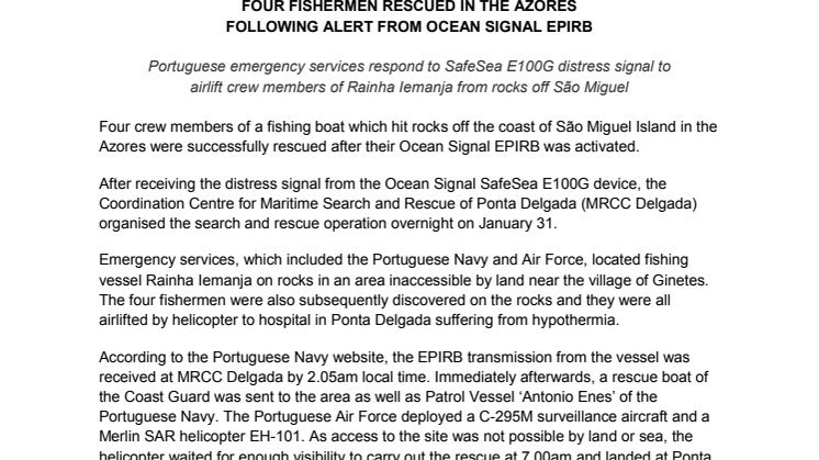 Ocean Signal : Four Fishermen Rescued In The Azores Following Alert From Ocean Signal Epirb