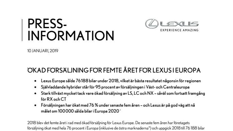 Ökad försäljning för femte året i rad för Lexus i Europa