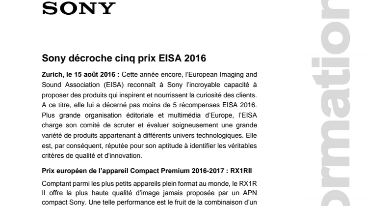 ​Sony décroche cinq prix EISA 2016