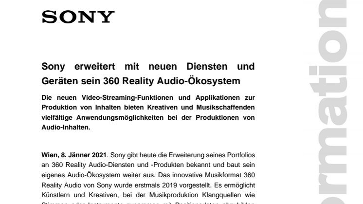 Sony erweitert mit neuen Diensten und Geräten sein 360 Reality Audio-Ökosystem