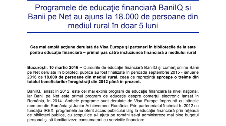 Programele de educaţie financiară BaniIQ si Banii pe Net au ajuns la 18.000 de persoane din mediul rural în doar 5 luni 
