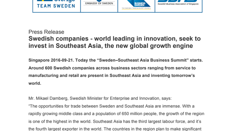 Swedish companies - world leading in innovation, seek to invest in Southeast Asia, the new global growth engine 