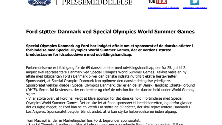 Ford støtter Danmark ved Special Olympics World Summer Games