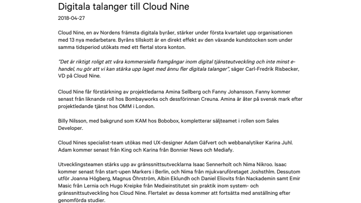 Digitala talanger till Cloud Nine