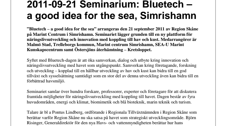 Inbjudan - 2011-09-21 Seminarium: Bluetech – a good idea for the sea, Simrishamn